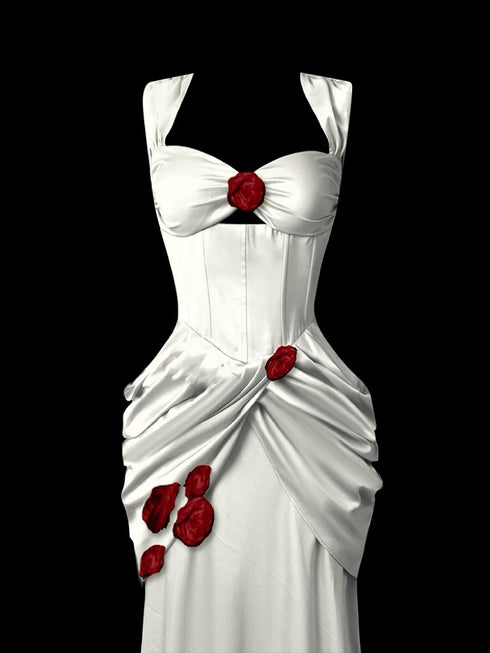 White Satin Mermaid Gown - Red Floral Evening Gown - White Dress for Evening Plus Size